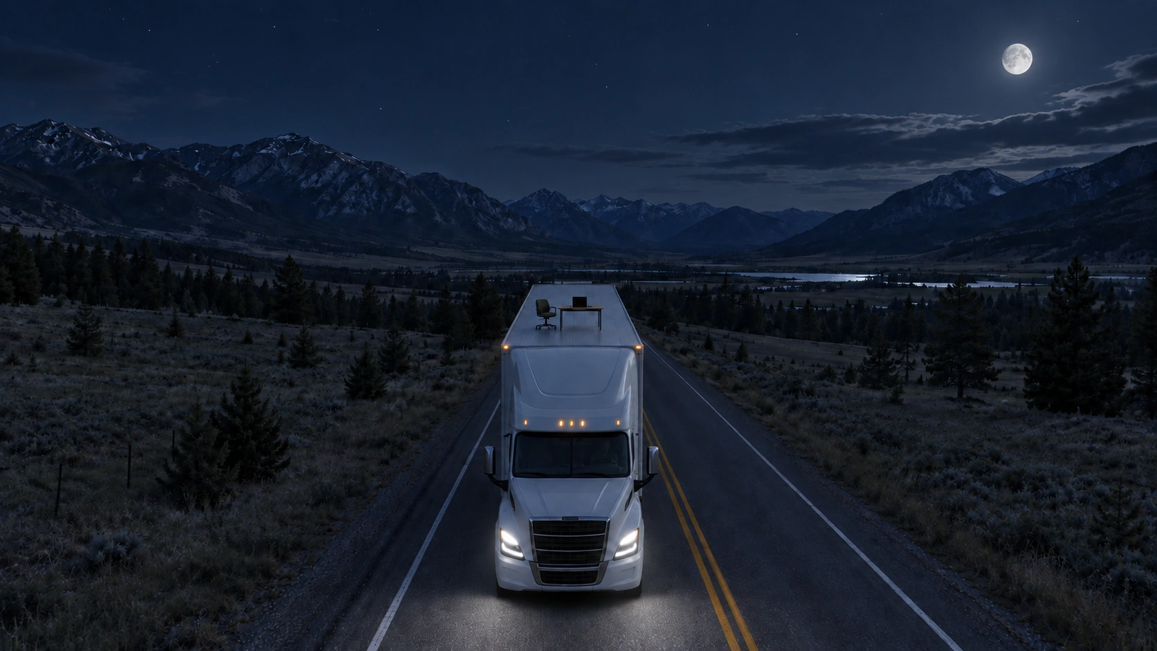 A MacBook, desk and chair on a truck in a moonlit mountain valley.